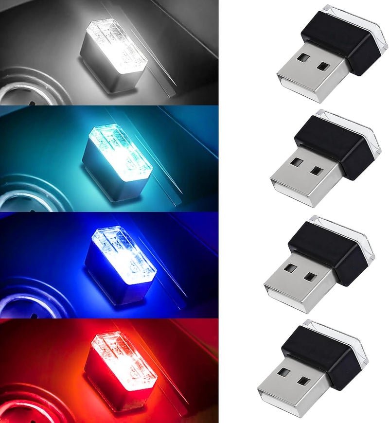 Hbxdeco 4 PCS USB LED Car Interior Atmosphere Lamp, Portable Mini Auto LED Decor Night Light, Plug-in USB Interface Ambient Lighting Kit, Universal Car Interior Accessories(White+Blue+Red+Ice Blue) - Image 1